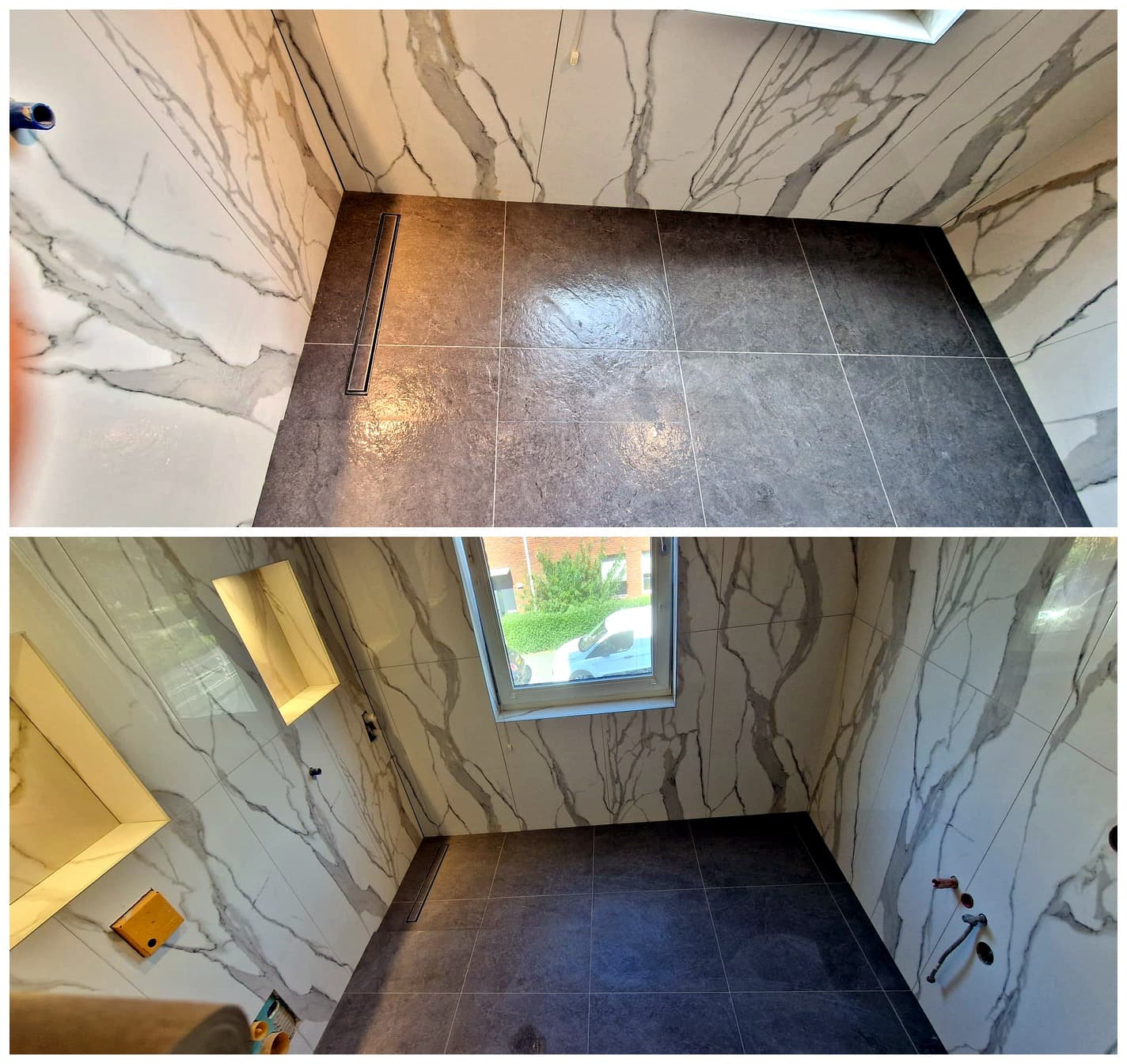 Badkamer met marmerlook wandtegels, donkere vloertegels en een vlakke vloergoot